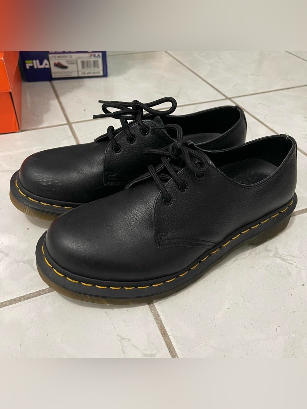 Women’s Doc Martens Black Leather Lace-Up Shoes with Yellow Stitching